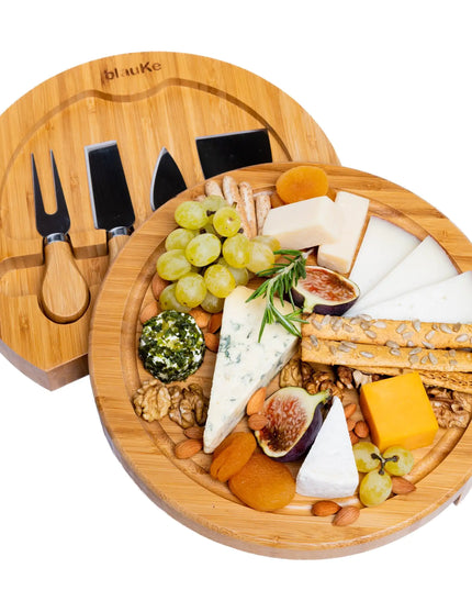 Bamboo Cheese Board Set - 10 Inch With Knife, Drawer