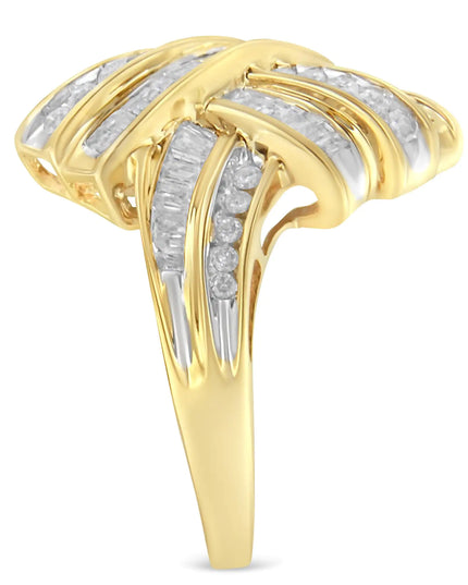 10K Yellow Gold Plated .925 Sterling Silver 1.0 Cttw Round & Baguette Diamond Knot Channel Statement Ring (I-J Color, I2-I3 Clarity)