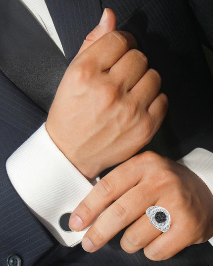 .925 Sterling Silver 1/4 Cttw White and Black Treated Diamond Halo Cluster Ring for Men (I-J Color, I3 Clarity)