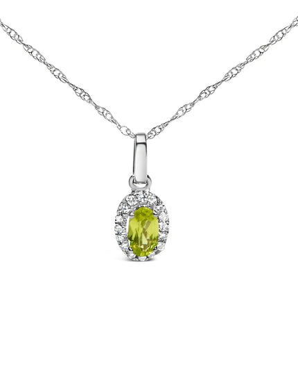 10K White Gold 5x3mm Gemstone and Diamond Accent Halo Oval Shape 18" Pendant Necklace (I-J Color, I1-I2 Clarity)