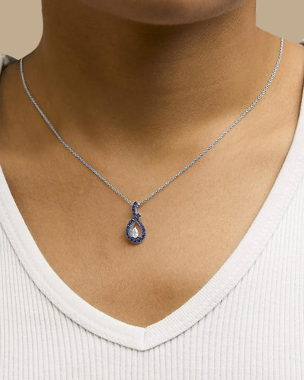 .925 Sterling Silver Created Blue and White Sapphire Teardrop Shaped Pendant Necklace - 18" Inches