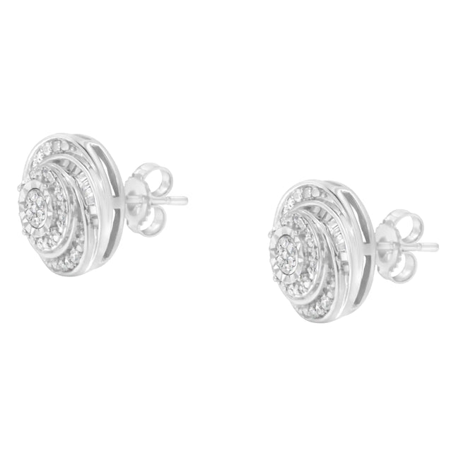 .925 Sterling Silver 1/4 Cttw Baguette and Round Diamond Swirl Love Knot Stud Earrings (I-J Color, I3 Clarity)