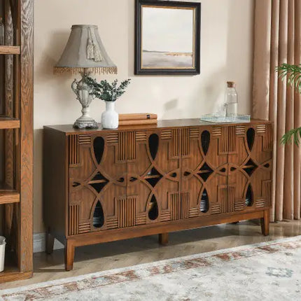 Mid-century Sideboard Buffet Cabinet, Walnut, 60.5\", 4 Doors, Adjustable Shelves