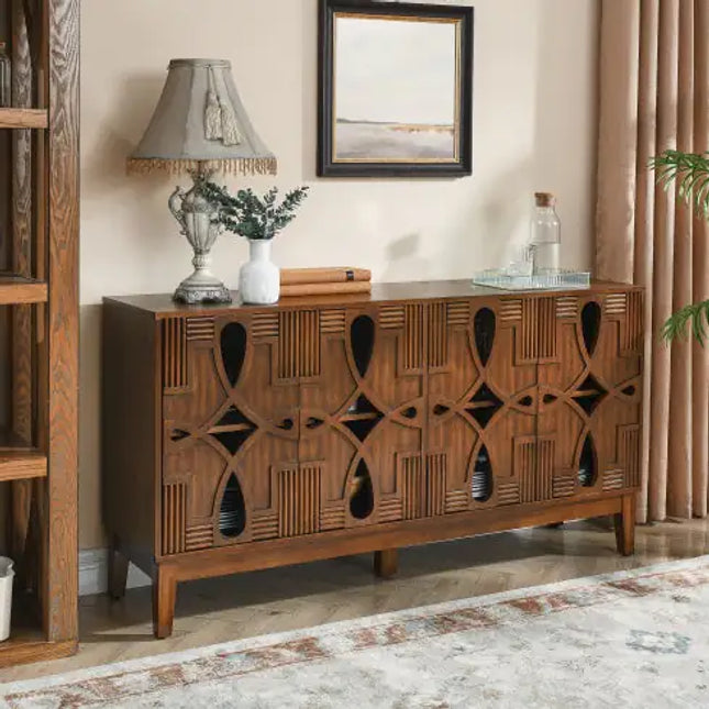 Mid-century Sideboard Buffet Cabinet, Walnut, 60.5\", 4 Doors, Adjustable Shelves