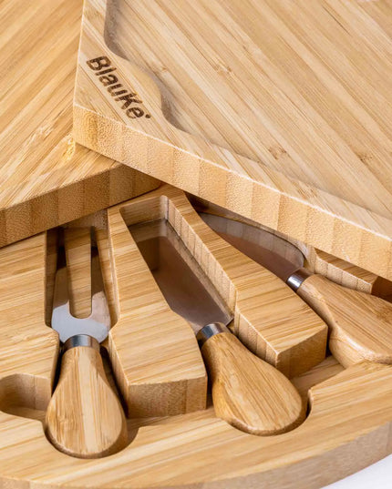 Bamboo Cheese Board Set - 14 Inch Swivel Charcuterie Board With Drawer - Round Serving Tray