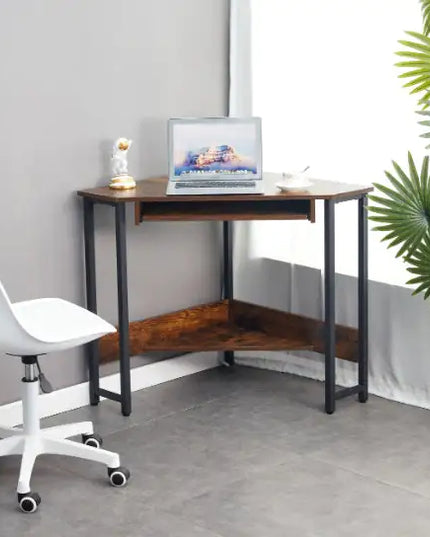 Corner Computer Desk, Triangle, Keyboard Tray, Storage Shelves, Small Space Workstation