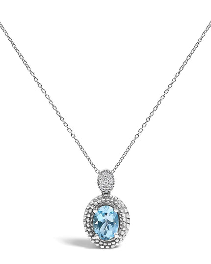 .925 Sterling Silver Oval Blue Topaz and Diamond Accent with Beaded Halo Pendant Necklace - 18" Inches