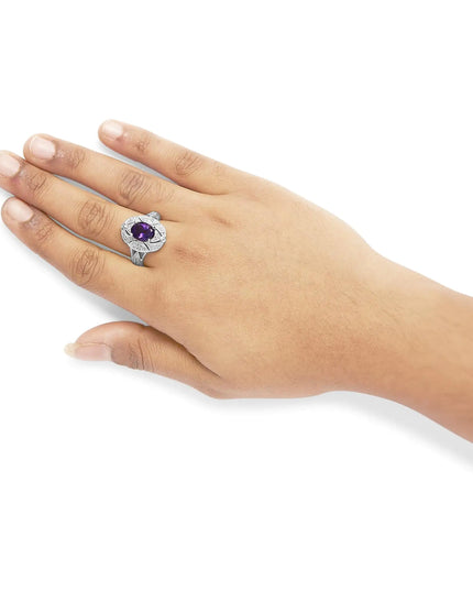 .925 Sterling Silver 9x7mm Oval Purple Amethyst and Round Diamond Accent Fashion Cocktail Ring (I-J Color, I1-I2 Clarity)