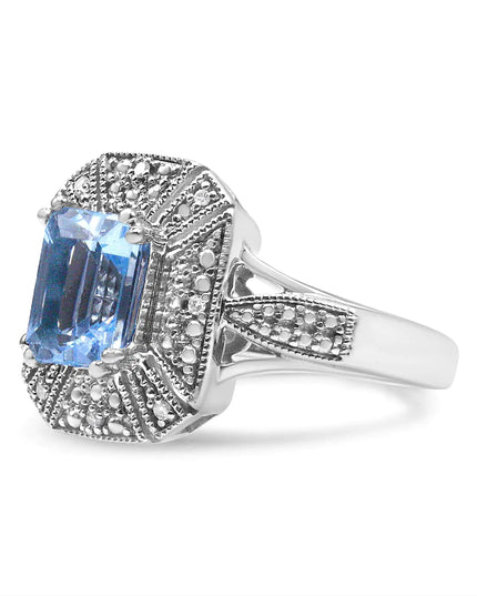 .925 Sterling Silver Diamond Accent and 8X6 mm Emerald-Shape Blue Topaz Ring (I-J Color, I2-I3 Clarity)