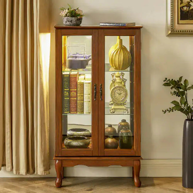 Lighted Curio Cabinet With Adjustable Shelves, Mirrored Back, Tempered Glass Doors