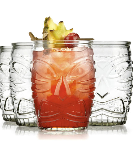 Libbey Tiki Statue Rocks Glasses, Set of 4 – Mid-Century Modern Short Cocktail Glasses for Backyard Parties & Entertaining