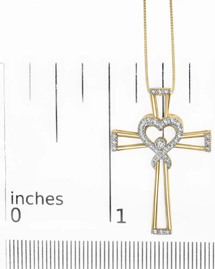 14K Yellow Gold Plated .925 Sterling Silver 1/6 Cttw Diamond Interlocking Heart and Ribbon Cross Pendant Necklace (H-I Color, I2-I3 Clarity) - 18" Inches