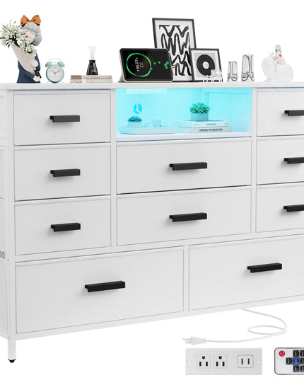 Harpaq White 10-Drawer Dresser with Charging Station & LED Light – Fabric Dresser with PU Finish, TV Stand for up to 55" for Bedroom or Closet