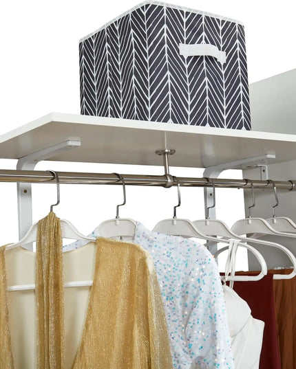 White Wooden Closet Organizer System – Wall-Mounted Shelves, Drawers & Hanging Rod for Clothes Storage