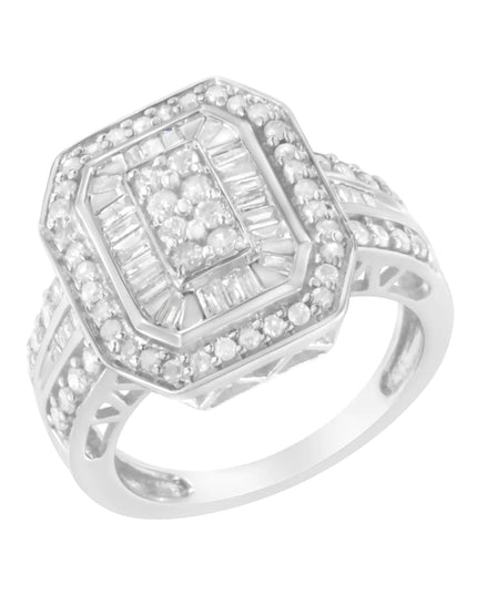 .925 Sterling Silver Round and Baguette Diamond Cathedral Ring (0.75 Cttw, H-I Color, I2-I3 Clarity)