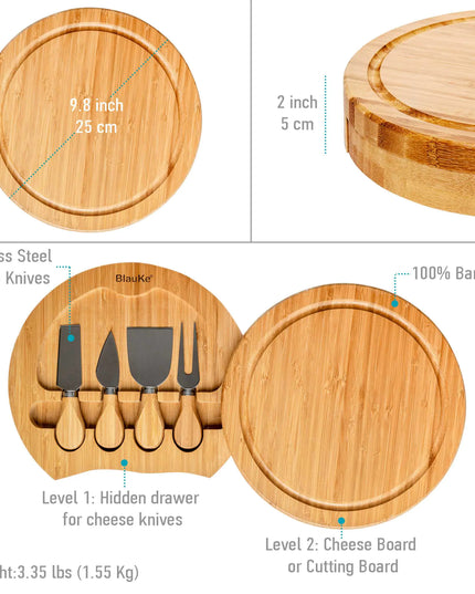 Bamboo Cheese Board Set - 10 Inch With Knife, Drawer
