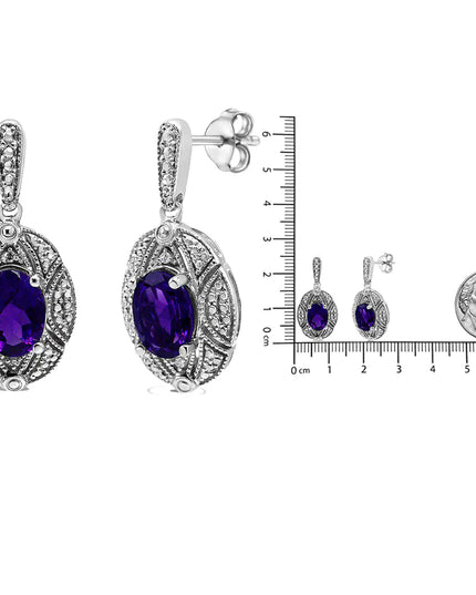.925 Sterling Silver Diamond Accent and 8x6mm Purple Oval Amethyst Stud Earrings (I-J Color, I1-I2 Clarity)