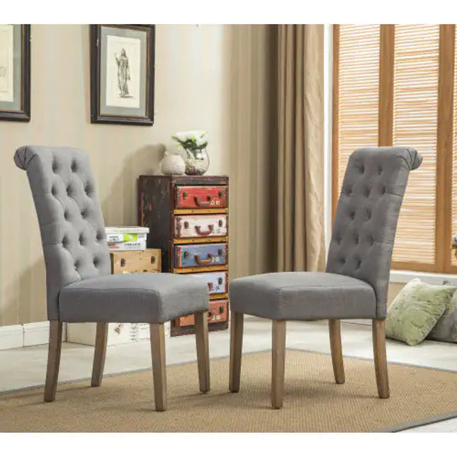 Solid Wood Tufted Dining Chairs, Set Of 2, Grey