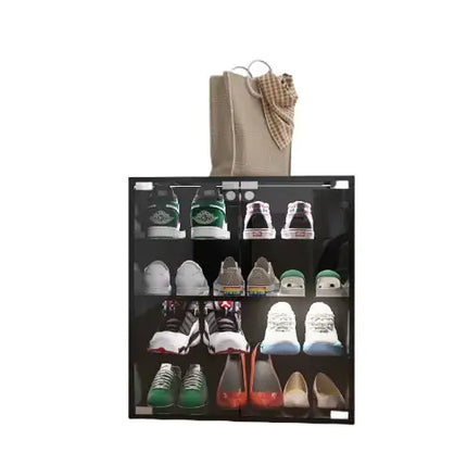 Black Shoe Cabinet, 4 Layers, Glass Door, LED Light, Bluetooth Control