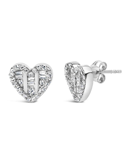 .925 Sterling Silver 1/2 Cttw Round and Baguette Diamond Composite Heart Shaped Stud Earring (I-J Color, SI2-I1 Clarity)