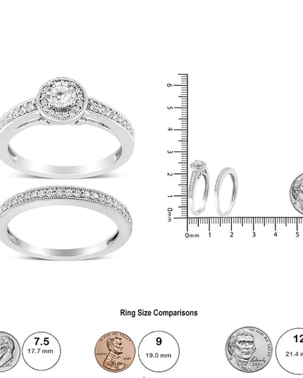 .925 Sterling Silver 1/2 Ctw Diamond Halo and Milgrain Engagement Ring Bridal Set (I-J Color, I3 Clarity)
