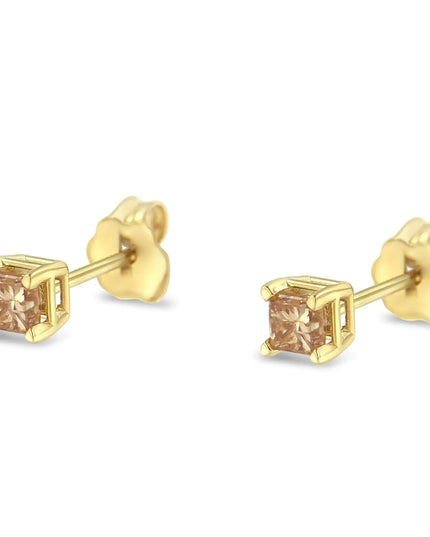 IGI Certified 14k Yellow Gold 4-Prong Set Princess-Cut Solitaire Diamond Push Back Stud Earrings (L-M Color, I1-I2 Clarity)