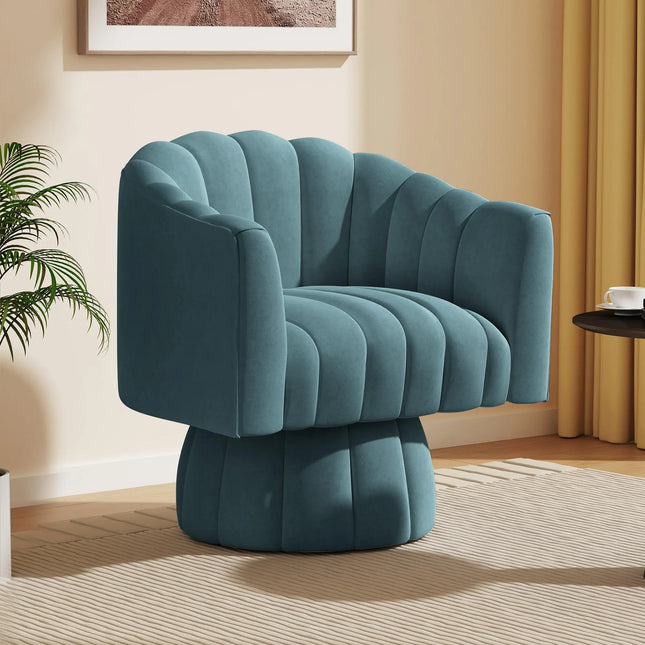 Mid-Century Modern 360° Swivel Accent Chair – Round Barrel Design with Plush Velvet Upholstery, Perfect for Living Room, Bedroom, or Waiting Area (Blue)