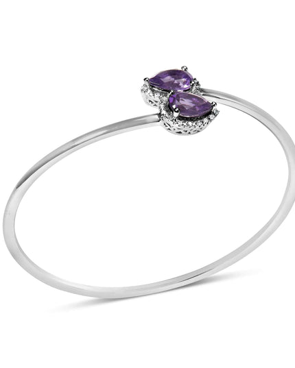 .925 Sterling Silver 8 x 5.5mm Pear Shape Amethyst  and Diamond Accent Halo Bypass Bangle Bracelet (H-I Color, SI1-SI2 Clarity)  - Fits up to 7" Inches