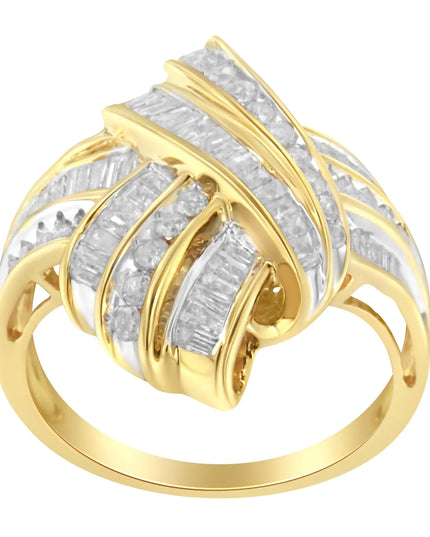 10K Yellow Gold Plated .925 Sterling Silver 1.0 Cttw Round & Baguette Diamond Knot Channel Statement Ring (I-J Color, I2-I3 Clarity)