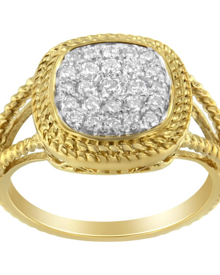 10K Yellow Gold Plated .925 Sterling Silver 1/2 Cttw Diamond Square Cushion Cluster Split Shank Cocktail Ring (J-K Color, I2-I3 Clarity)