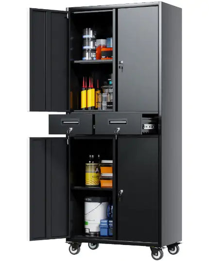 Mobile Tool Cabinet With 4 Wheels, 2 Drawers, Adjustable Shelves