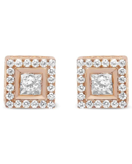 14K Rose Gold Plated .925 Sterling Silver 1/2 Cttw Diamond Halo Square-Shaped Frame Stud Earring (I-J Color, I3 Clarity)