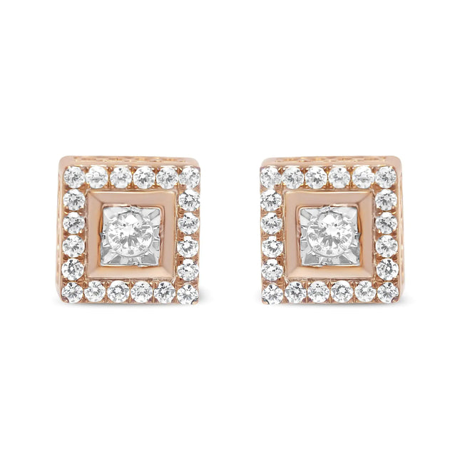 14K Rose Gold Plated .925 Sterling Silver 1/2 Cttw Diamond Halo Square-Shaped Frame Stud Earring (I-J Color, I3 Clarity)