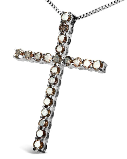 .925 Sterling Silver 1.0 Cttw Champagne Diamond Gold Cross Pendant Necklace for Women (Champagne Color, I1-I2 Clarity)- 18 inch