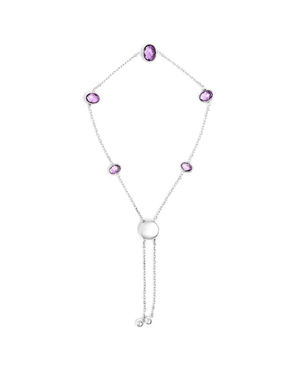.925 Sterling Silver Bezel Set Purple Amethyst 5 Station Adjustable Bolo Bracelet