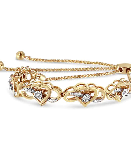 14K Yellow Gold Plated .925 Sterling Silver 1/10 Cttw Diamond Infinity Heart Shaped 4”-10” Adjustable Bolo Bracelet (H-I Color, I2-I3 Clarity)