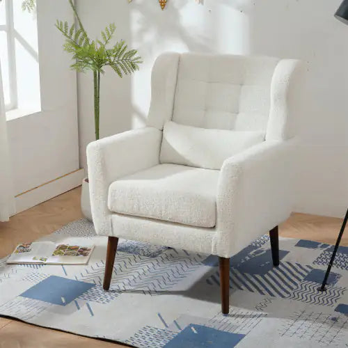 Contemporary Teddy Fabric Lounge Chair – White Upholstered Armchair for Bedroom or Living Room