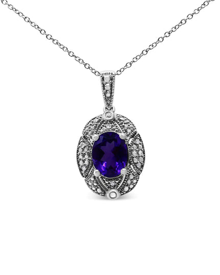 .925 Sterling Silver Diamond Accent and 9x7mm Purple Oval Amethyst Gemstone Pendant 18" Necklace (I-J Color, I1-I2 Clarity)
