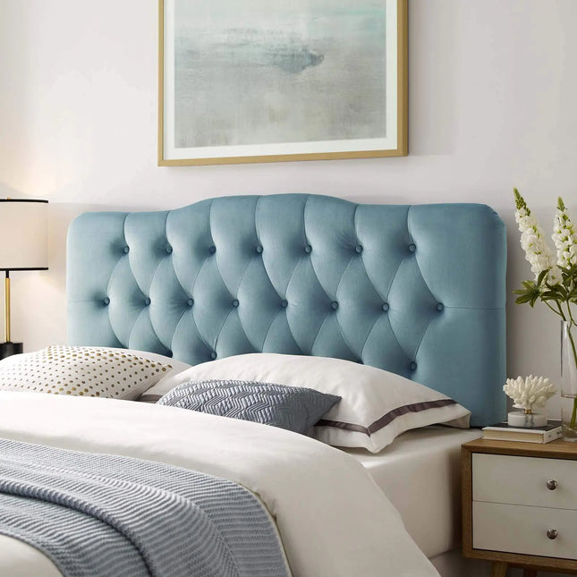 Modway Annabel Queen Headboard – Diamond Tufted Performance Velvet, Light Blue
