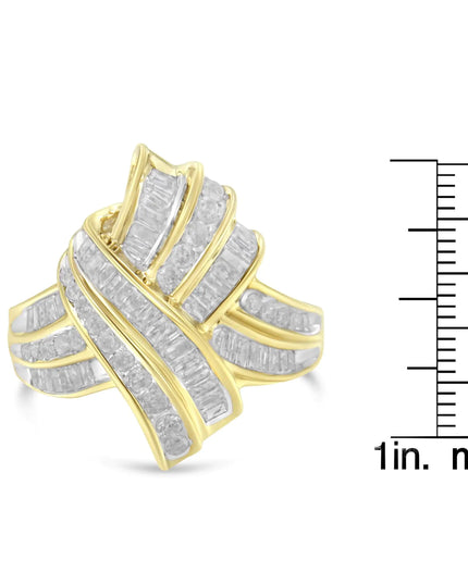 10K Yellow Gold Plated .925 Sterling Silver 1.0 Cttw Round & Baguette Diamond Knot Channel Statement Ring (I-J Color, I2-I3 Clarity)