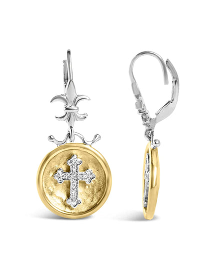 18K Yellow Gold Plated .925 Sterling Silver 1/8 Cttw Diamond Hammered Finished Medallion with Cross Drop and Dangle Earrings (I-J Color, SI1-SI2 Clarity)