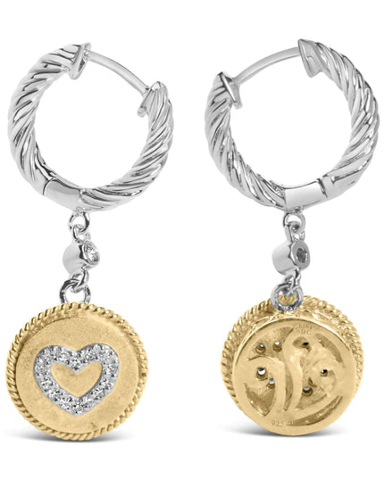 18K Yellow Gold Plated .925 Sterling Silver 1/8 Cttw Diamond Heart Medallion Drop and Dangle Earring (I-J Color, SI1-SI2 Clarity)