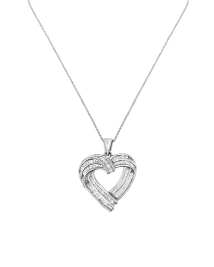 Sterling Silver 7/8 cttw Baguette Diamond Heart Pendant Necklace (I-J, I2-I3)