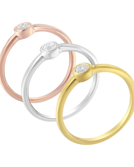 Tri-Color 14K Gold Plated .925 Sterling Silver 1/6 Cttw Round Miracle-Set Diamond Stacking Promise Ring Set (J-K Color, I1-I2 Clarity)