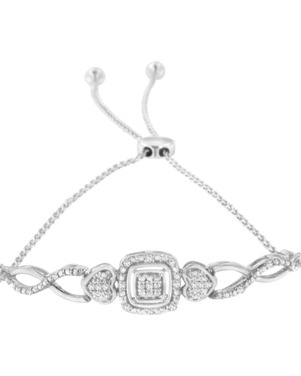 .925 Sterling Silver Diamond Cushion Frame Heart-Sides Twist 4”-10” Adjustable Bolo Tennis Bolo Bracelet (I-J Color, I3 Clarity)