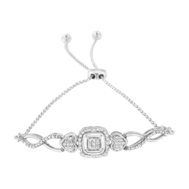 .925 Sterling Silver Diamond Cushion Frame Heart-Sides Twist 4”-10” Adjustable Bolo Tennis Bolo Bracelet (I-J Color, I3 Clarity)