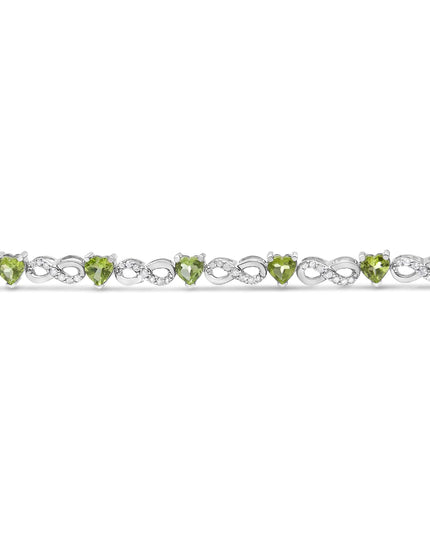 .925 Sterling Silver 1.00 Cttw Diamond and 4.00mm Lab Created Green Heart-Shaped Peridot Infinity Link Bracelet (I-J Color, I2-I3 Clarity) - 7.25"