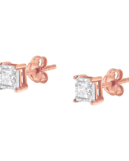 14K Rose Gold Plated Two-Tone .925 Sterling Silver 1/2 Cttw Princess-Cut Square Near Colorless Diamond Solitaire Miracle-Plate Stud Earrings (J-K Color, I2-I3 Clarity)