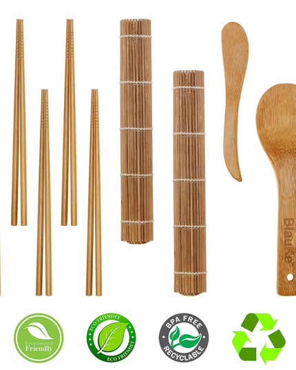 Bamboo Sushi Kit: 2 Mats, 5 Pairs Chopsticks, Rice Paddle, Spreader