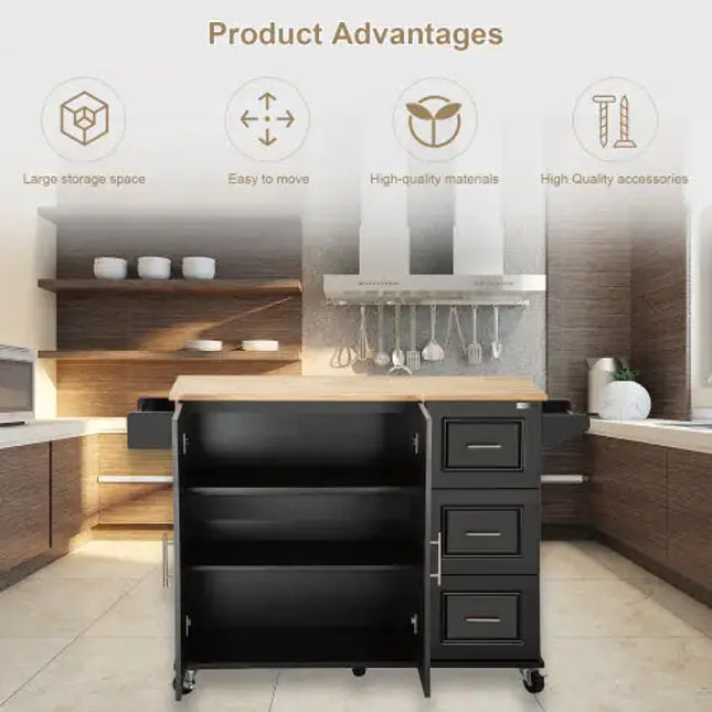 Mobile Kitchen Island Trolley, Extendable Rubberwood Table, Adjustable Shelves